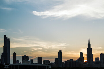 Fototapeta na wymiar Beautiful Chicago cityscape at sunrise, backlit