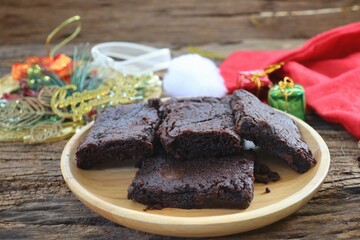 Christmas decorations and chocolate brownies cake