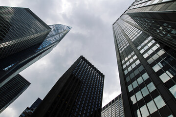 Bottom view of office skyscrapers