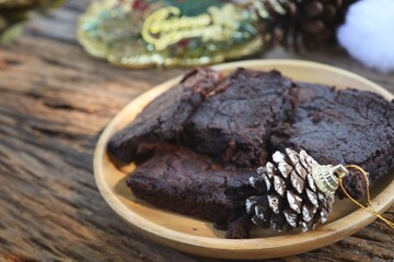 Christmas decorations and chocolate brownies cake