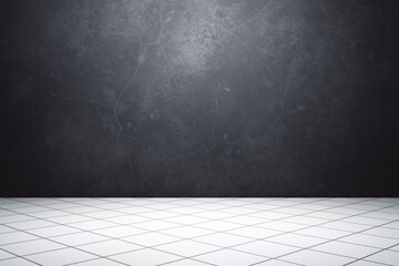 Empty room with black concrete wall and white floor. 3D Rendering