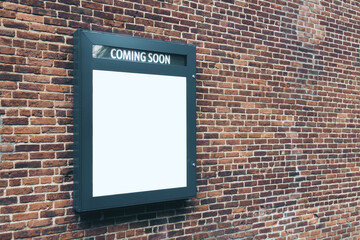 White blank sign board with coming soon text on brick wall, mockup
