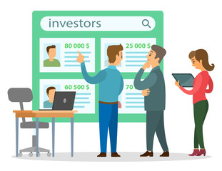 Cartoon businessmen choose financial investors, woman uses tablet. Office chair, desk with laptop. On large green board information about investors, sums of money. Financial investment and savings
