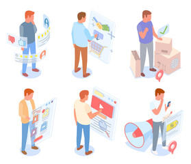 Set of male characters making selection of goods in online store. Way from seller to customer, build consumer demand. Customer engagement. Swipe pages. Megaphone, shopping, parcels, marketing trick
