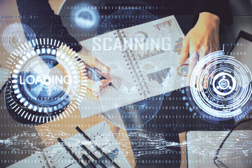Multi exposure of woman's writing hand on background with data technology hud. Big data concept.
