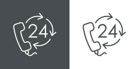 Servicio 24 horas. Icono plano auricular de teléfono con 24 y flechas girando con lineas en fondo gris y fondo blanco