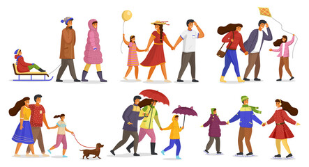 Family collection, parents ride child on sledge, happy father, mother and daughter with balloon, girl with kite, parents and child walking with dog, adults and kid with umbrellas, family skating