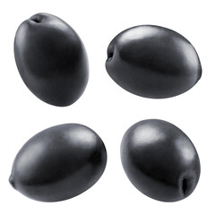 Collection of delicious black olives, isolated on white background