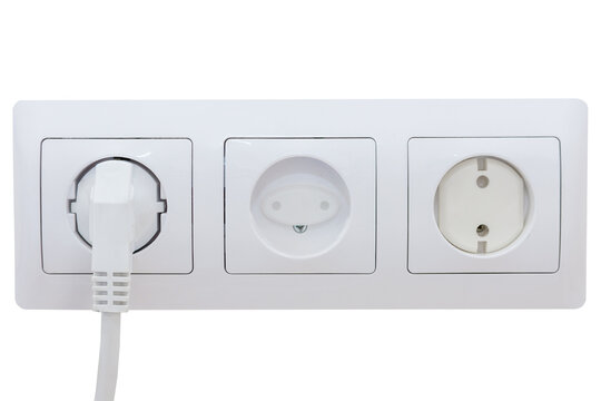 Set Of Three Sockets On White Isolated Background. Childproof, Safety Plug Inserted Into The Socket. The Idea Is The Safety Of Children In The House. Horizontal Photo