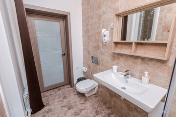 Corner of a light cute hotel bathroom with a white sink, wood shelf, toilet and wood door