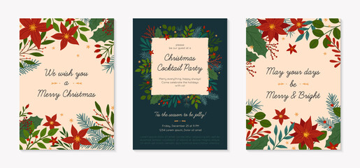 Naklejka na ściany i meble Set of Christmas and Happy New Year greetings and party invitations templates.Modern vector layouts with traditional winter holiday symbols.Xmas trendy designs for banners; invitations; prints.