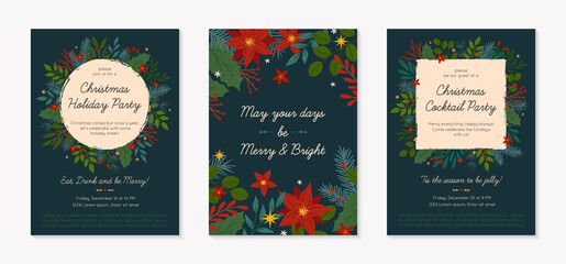 Set of Christmas and Happy New Year greetings and party invitations templates.Modern vector layouts with traditional winter holiday symbols.Xmas trendy designs for banners; invitations; prints.
