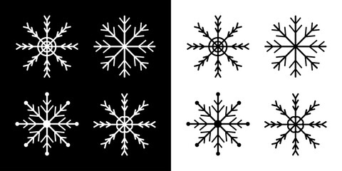 Snowflakes icon set. Four white black snowflake. Merry Christmas. Happy New Year decoration sign symbol. Xmas paper craft. Snow flake. Frozen star shape. Winter background, Isolated. Flat design.