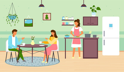Woman cooking at kitchen. Female preparing food at home. Young people drinking coffee or tea sitting at table and communicating. Family spend time at kitchen, dinner, lunch, breakfast concept