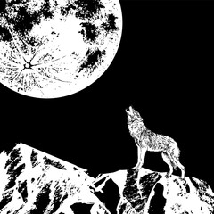 The wolf howls at the moon against the background of abstract mountains. Engraving style. Black ink brush texture. Black and white. Vector illustration