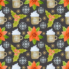 Watercolor seamless pattern new year, merry christmas, happy holidays.