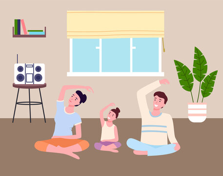 Family play sports at home together. Dad, mom and daughter do slopes, fitness stretching. Go in for sports at home. Boombox on table, potted plant, window with Roman curtain. Stay inddors. Flat image