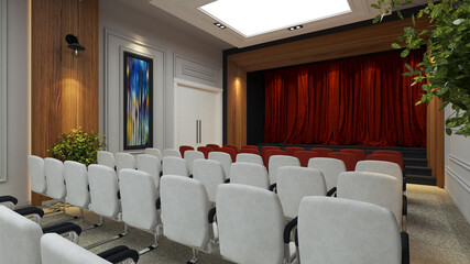 Conference hall, red curtain stage concept design with wooden wall 3D rendering