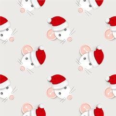 Hand drawn seamless pattern of a mouse / rat crafted with realistic sewing buttons and santa's hat 