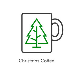 Tiempo de navidad. Logotipo con taza de café con árbol de navidad con lineas en gris y verde