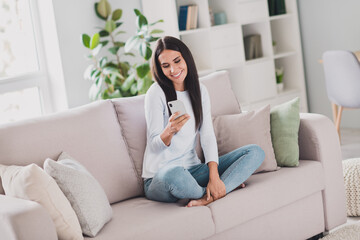 Fototapeta premium Full size photo of happy charming cheerful young woman wear white sweater jeans sit couch use phone inside home indoors
