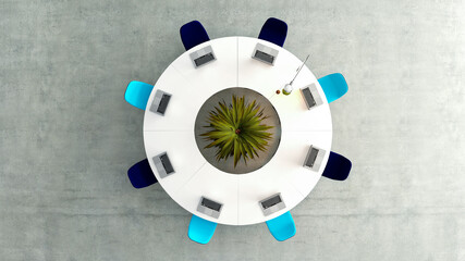 Meeting room top view with round table or desk and chairs concept 3D rendering