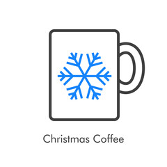 Tiempo de navidad. Logotipo con taza de café con copo de nieve con lineas en azul y gris