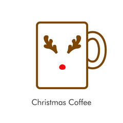 Tiempo de navidad. Logotipo con taza de café con nariz y astas de rena Rodolfo en lineas marrón y rojo