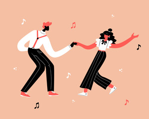 Retro party dance concept. Black young couple dancing swing, lindy hop, rock n roll. 