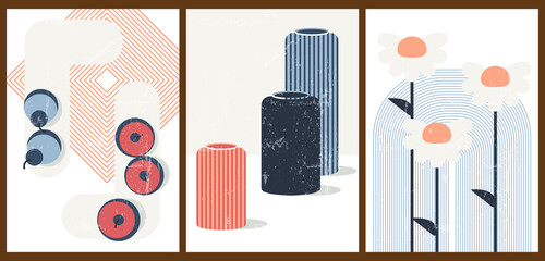 A set of three abstract backgrounds. Minimalistic still life. Bright vintage aged illustrations with vase, apple, rainbow, daisies. Posters for advertising, social media, cover design, web, home decor