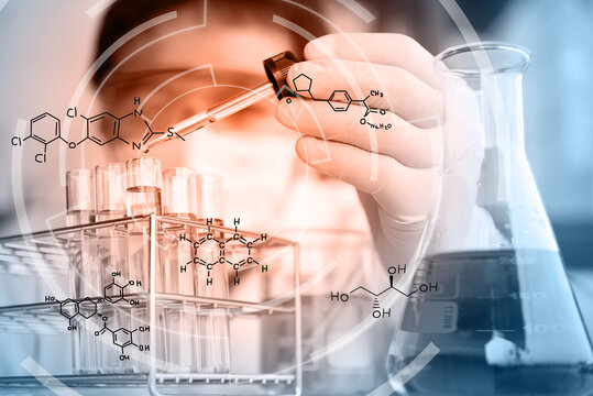 Digital Composite Image Of Molecular Structures With Female Scientist Doing Experiment In Lab