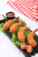 Tempura Shrimp/Prawn, Japanese Traditional Cuisine made from Deep Fried Shrimp  Coated with Bread Crumb or Panko, Usually Find as Bento Lunch Menu. On White Wooden Background