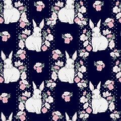 Cute rabbits and flower arrangement blue background vector illustration seamless pattern