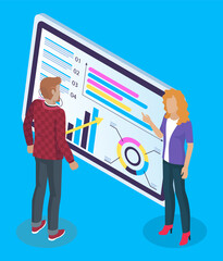 Isometric image of cartoon businessman and businesswoman standing near big screen tablet with bar chart, share chart, team performance indicators, analytical data. Discussion of team work. Flat image