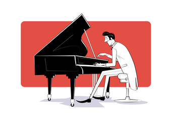 Pianist sits at the piano and plays music. Sketch illustration