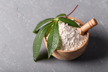 Cassava flour in wooden bowl with original leaf on grey background.