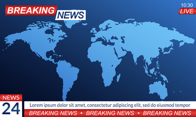 News broadcast banner for TV studio with breaking news emblem and World map backdrop. TV screen background. Vector illustration.