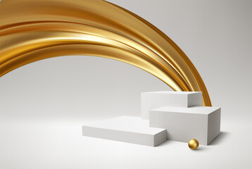 Background 3d white podium product and realistic golden swirl on the white background. Modern white cube podium, great design for any purposes. Vector illustration
