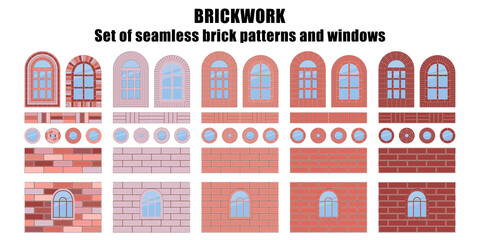 Set: Brickwork. Items and construction details made of bricks. Can be used for social media, posters, email, print, ads designs.