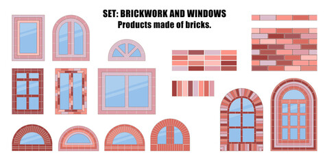 Fototapeta premium Set: Brickwork. Items and construction details made of bricks. Can be used for social media, posters, email, print, ads designs.