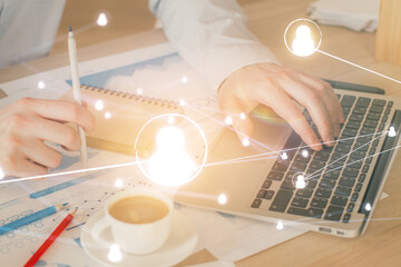 Media network theme hologram with man working on computer on background. Concept of internet communication. Double exposure.