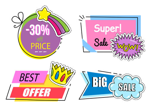 Set of super sale banners. Discount poster template. Big sale special offer. End of season special proposition banner vector flat style. Best price advertising poster with image of various signs