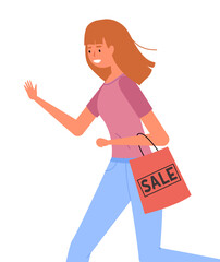 Woman with shopping bag in her hands goes after purchases. Young beautiful fashion shopper girl isolated on white background. Female character is in a hurry to shop. Shopper during the sale in a store