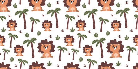 Seamless background with cute lion among the palms. Decorative cute wallpaper for the nursery in the Scandinavian style. Suitable for children's clothing, interior design, packaging, printing.