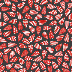 Abstract seamless pattern for Valentines day. Red hearts on a gray background. Cute hand-drawn simple illustration. Ornament for wrapping paper banner, postcard. Vector illustration about love.