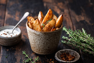 baked potato wedges with sauce and thyme in a ceramic cup on a wooden background