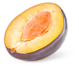 half plum fruit isolated on white background. cut plum slices. Clipping path.