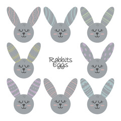 Set of vector illustrations of rabbits with painted ears. Easter theme. Childrens illustrations in cartoon hand drawn style for printing on clothes, interior design, packaging, printing.
