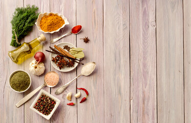 A variety of spices on a wooden table