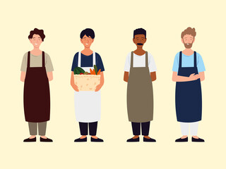 group men apron characters with apron and basket
